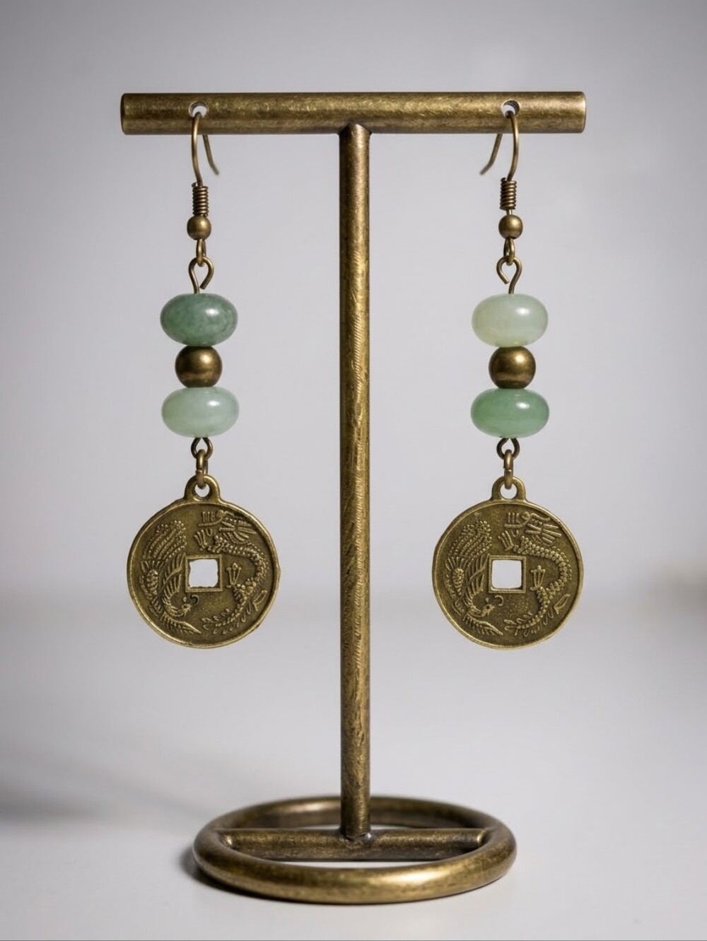 Vintage Bronze Dragon Coin & Green Jade Glass Bead Drop Earrings - Hypoallergeni